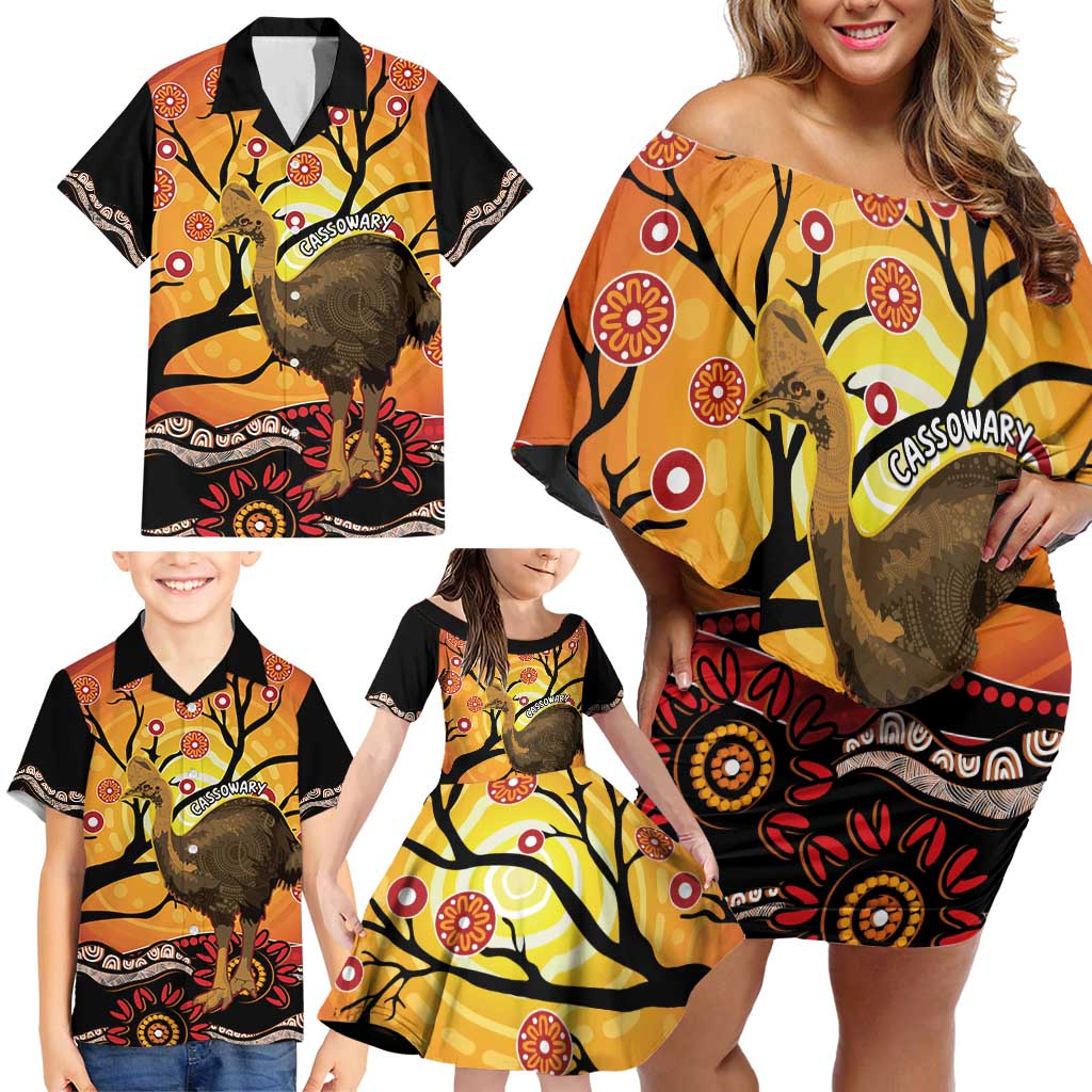 Keeper Of The Rainforest Cassowary Family Matching Off Shoulder Short Dress and Hawaiian Shirt Aboriginal Art
