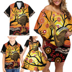 Keeper Of The Rainforest Cassowary Family Matching Off Shoulder Short Dress and Hawaiian Shirt Aboriginal Art