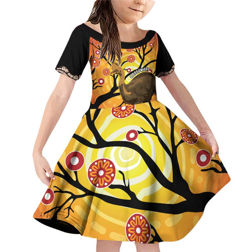 Keeper Of The Rainforest Cassowary Family Matching Off Shoulder Short Dress and Hawaiian Shirt Aboriginal Art