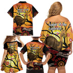 Keeper Of The Rainforest Cassowary Family Matching Off Shoulder Short Dress and Hawaiian Shirt Aboriginal Art