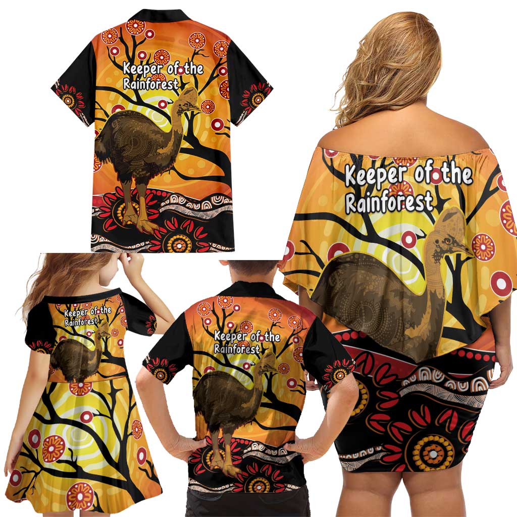 Keeper Of The Rainforest Cassowary Family Matching Off Shoulder Short Dress and Hawaiian Shirt Aboriginal Art
