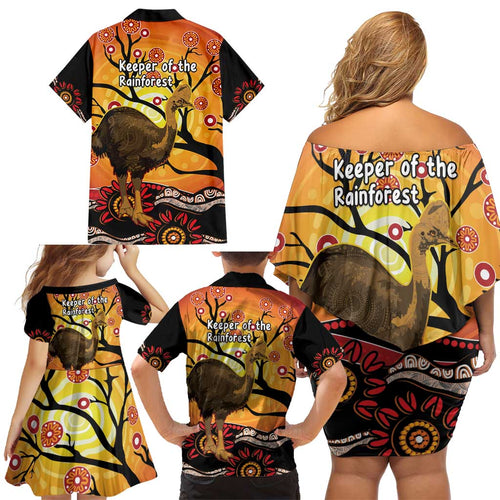 Keeper Of The Rainforest Cassowary Family Matching Off Shoulder Short Dress and Hawaiian Shirt Aboriginal Art