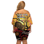 Keeper Of The Rainforest Cassowary Family Matching Off Shoulder Short Dress and Hawaiian Shirt Aboriginal Art
