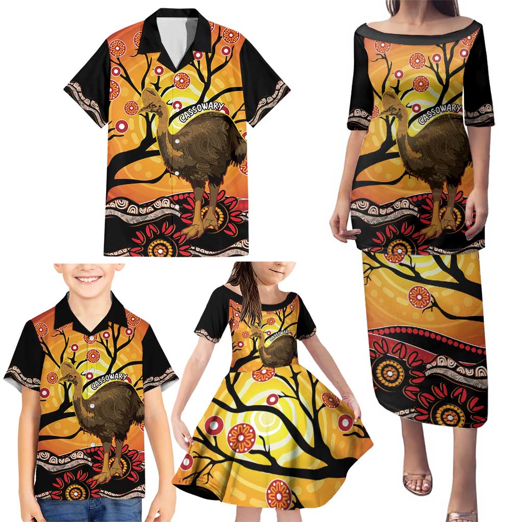 Keeper Of The Rainforest Cassowary Family Matching Puletasi and Hawaiian Shirt Aboriginal Art