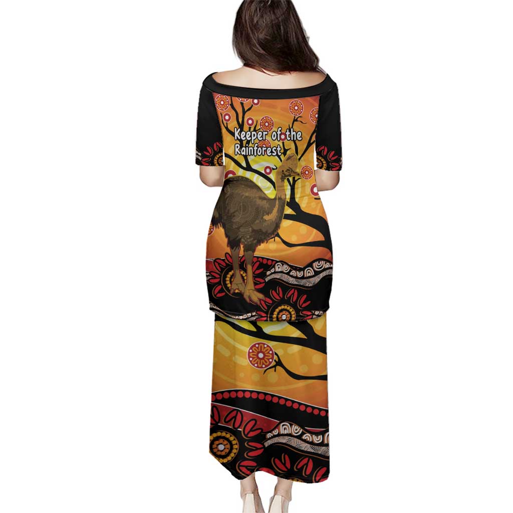Keeper Of The Rainforest Cassowary Family Matching Puletasi and Hawaiian Shirt Aboriginal Art
