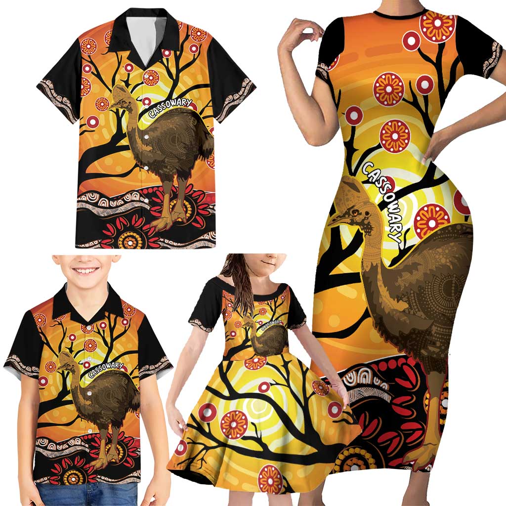 Keeper Of The Rainforest Cassowary Family Matching Short Sleeve Bodycon Dress and Hawaiian Shirt Aboriginal Art