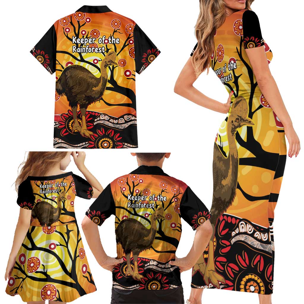 Keeper Of The Rainforest Cassowary Family Matching Short Sleeve Bodycon Dress and Hawaiian Shirt Aboriginal Art