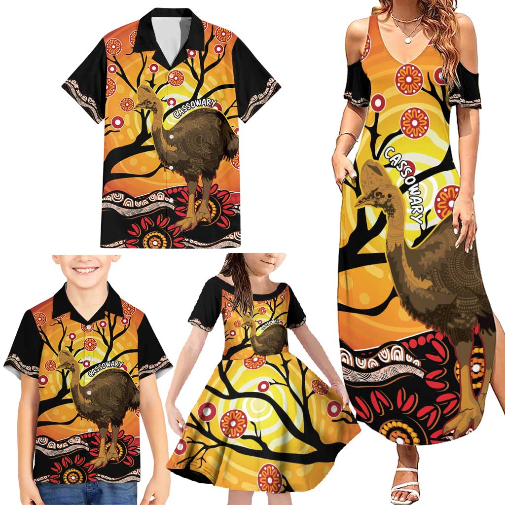Keeper Of The Rainforest Cassowary Family Matching Summer Maxi Dress and Hawaiian Shirt Aboriginal Art