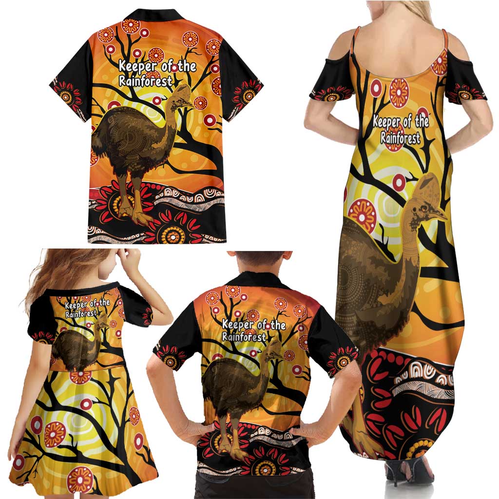 Keeper Of The Rainforest Cassowary Family Matching Summer Maxi Dress and Hawaiian Shirt Aboriginal Art