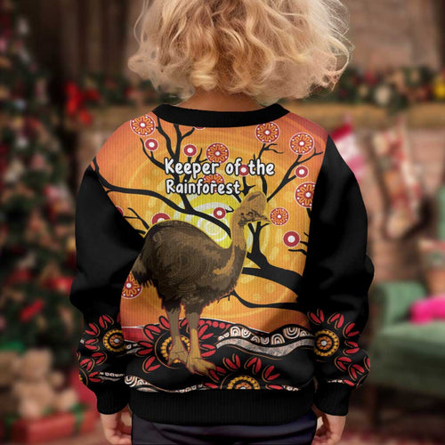 Keeper Of The Rainforest Cassowary Kid Ugly Christmas Sweater Aboriginal Art - Aussie Hoodie