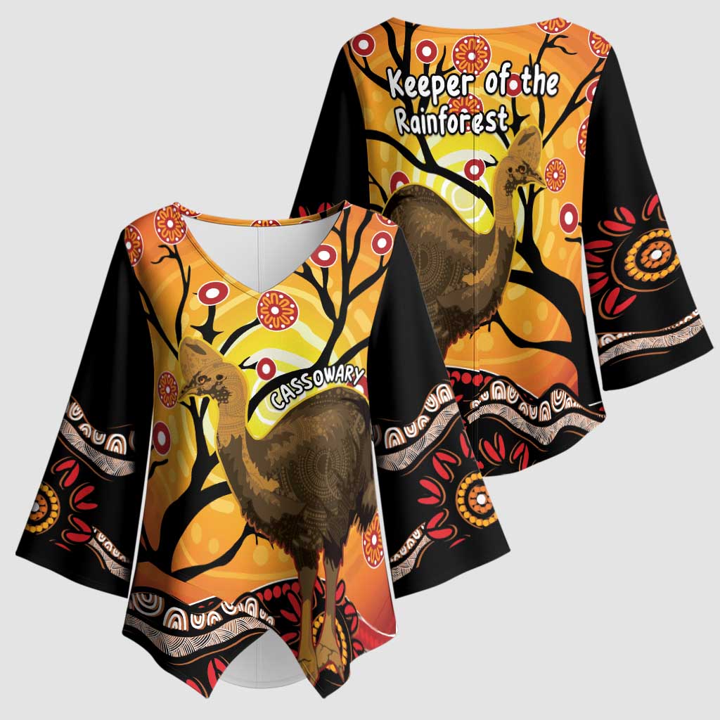 Keeper Of The Rainforest Cassowary Kimono Sleeve Blouse Aboriginal Art - Aussie Hoodie