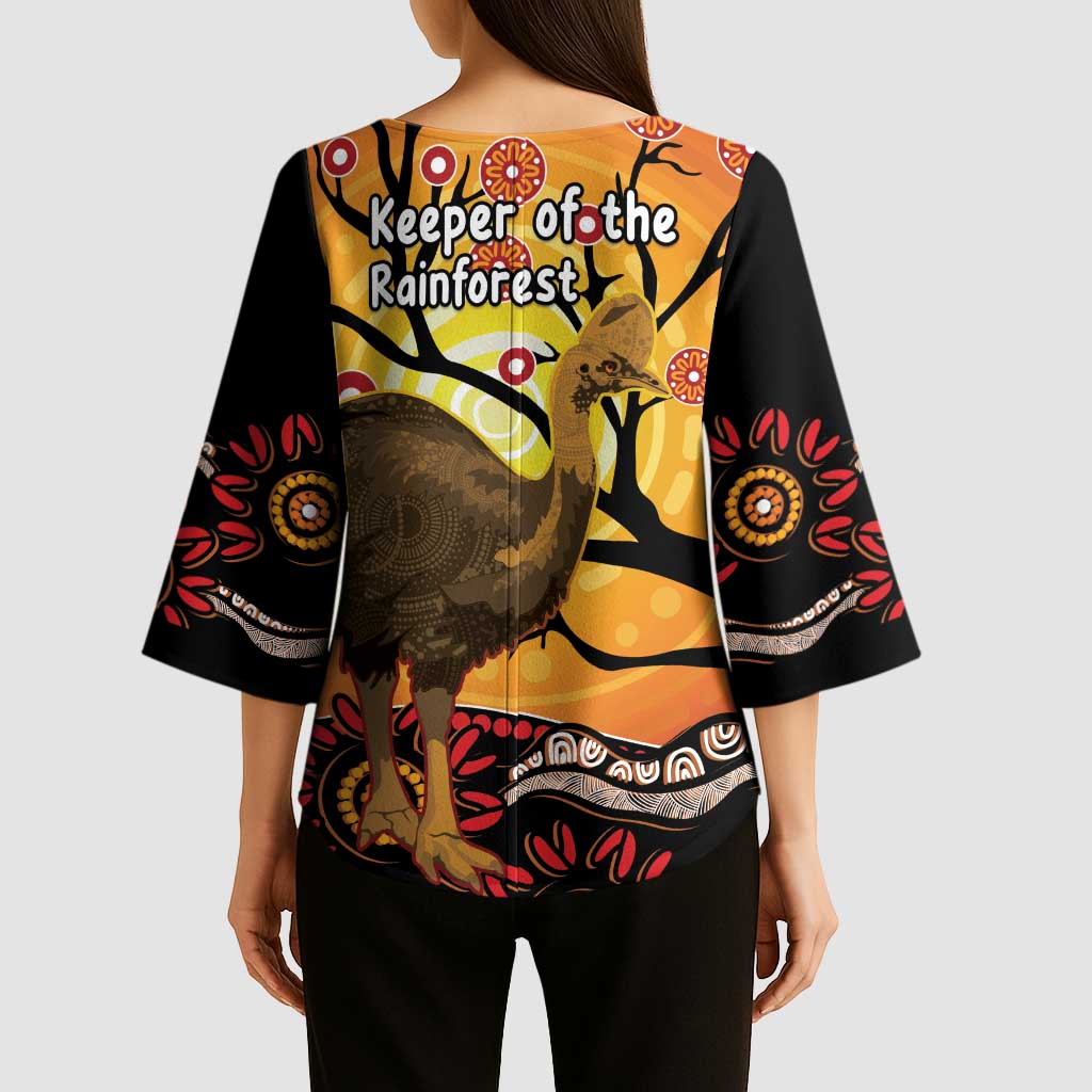 Keeper Of The Rainforest Cassowary Kimono Sleeve Blouse Aboriginal Art - Aussie Hoodie