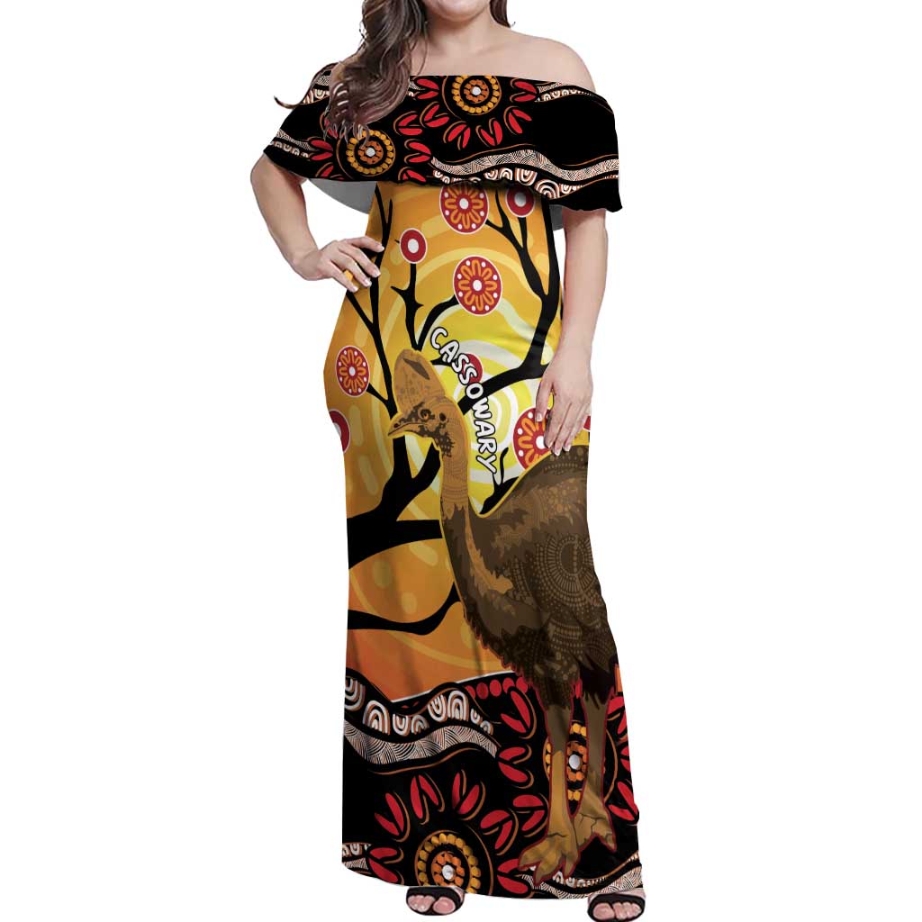 Keeper Of The Rainforest Cassowary Off Shoulder Maxi Dress Aboriginal Art