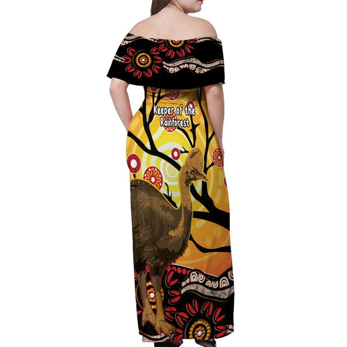 Keeper Of The Rainforest Cassowary Off Shoulder Maxi Dress Aboriginal Art