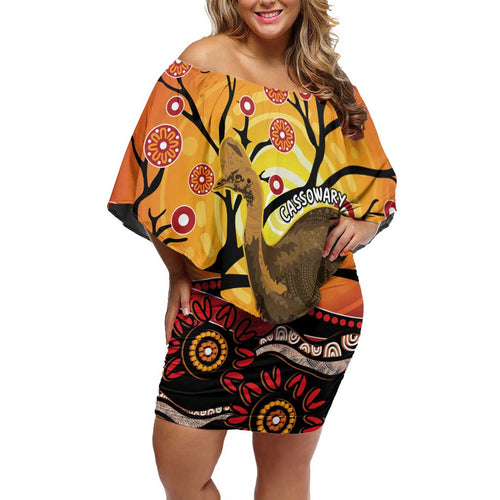 Keeper Of The Rainforest Cassowary Off Shoulder Short Dress Aboriginal Art