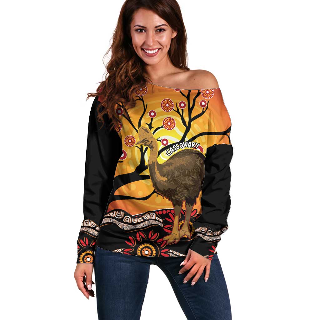 Keeper Of The Rainforest Cassowary Off Shoulder Sweater Aboriginal Art