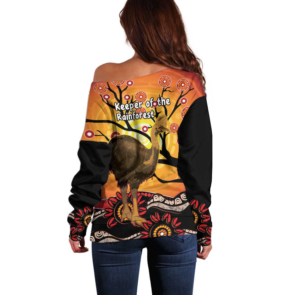 Keeper Of The Rainforest Cassowary Off Shoulder Sweater Aboriginal Art
