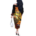 Keeper Of The Rainforest Cassowary Off The Shoulder Long Sleeve Dress Aboriginal Art