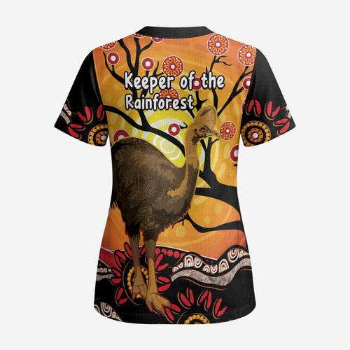 Keeper Of The Rainforest Cassowary Scrub Top Aboriginal Art - Aussie Hoodie