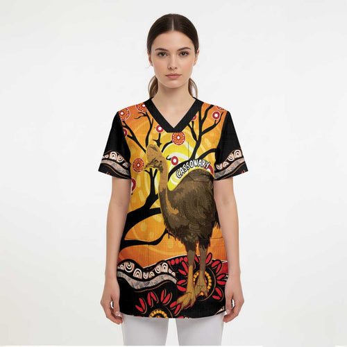 Keeper Of The Rainforest Cassowary Scrub Top Aboriginal Art - Aussie Hoodie