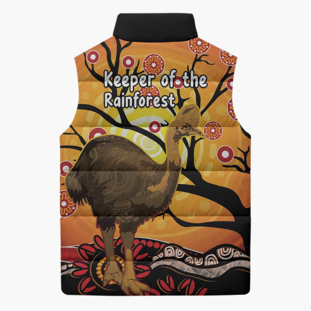Keeper Of The Rainforest Cassowary Sleeveless Puffer Jacket Aboriginal Art - Aussie Hoodie