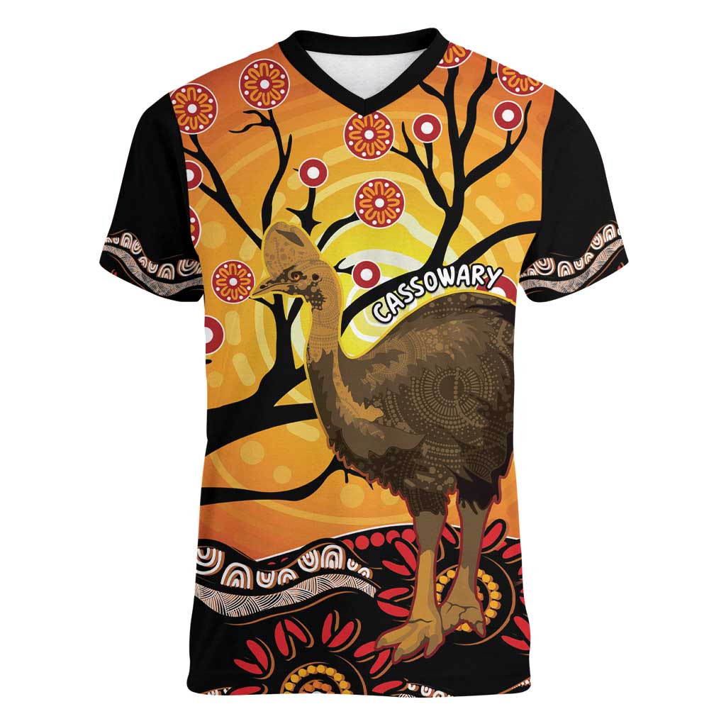Keeper Of The Rainforest Cassowary Women V-Neck T-Shirt Aboriginal Art