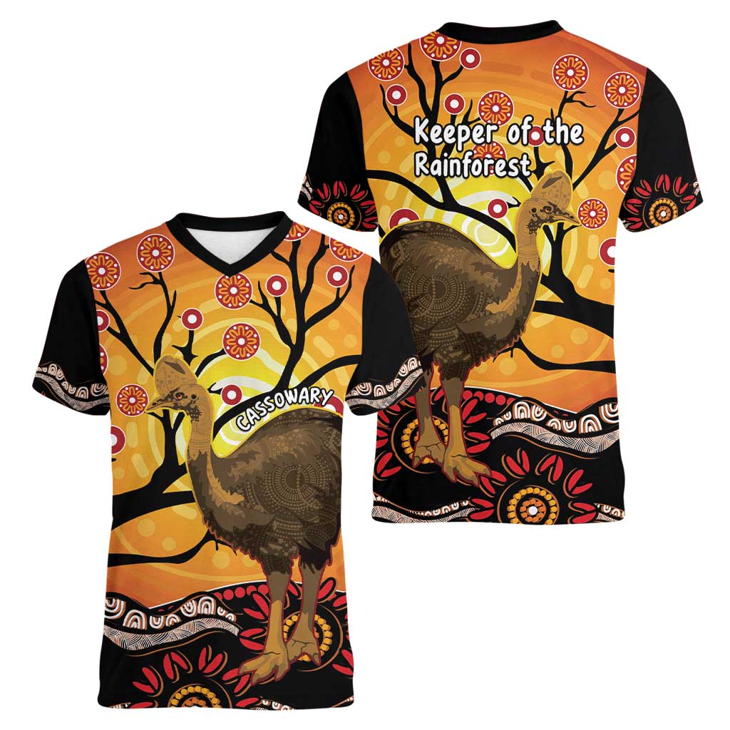 Keeper Of The Rainforest Cassowary Women V-Neck T-Shirt Aboriginal Art