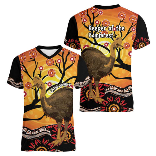 Keeper Of The Rainforest Cassowary Women V-Neck T-Shirt Aboriginal Art