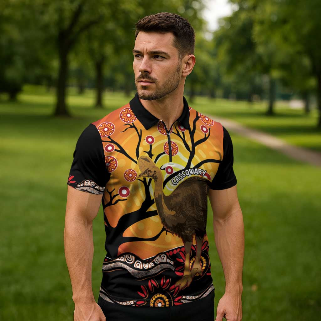 Keeper Of The Rainforest Cassowary Zipper Polo Shirt Aboriginal Art - Aussie Hoodie