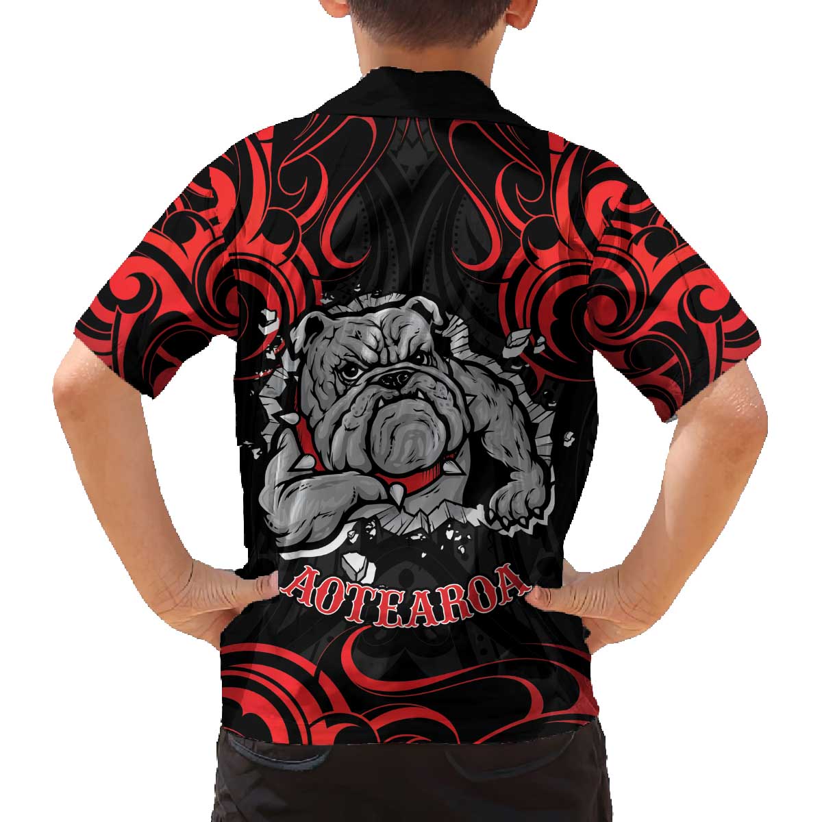 Personalised Aotearoa Bulldog Family Matching Off The Shoulder Long Sleeve Dress and Hawaiian Shirt NZ Maori Tattoo