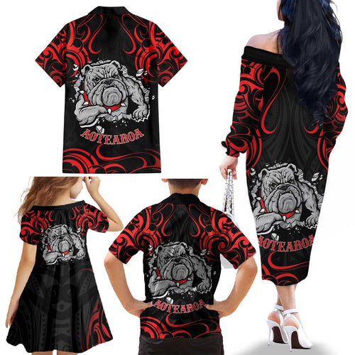 Personalised Aotearoa Bulldog Family Matching Off The Shoulder Long Sleeve Dress and Hawaiian Shirt NZ Maori Tattoo