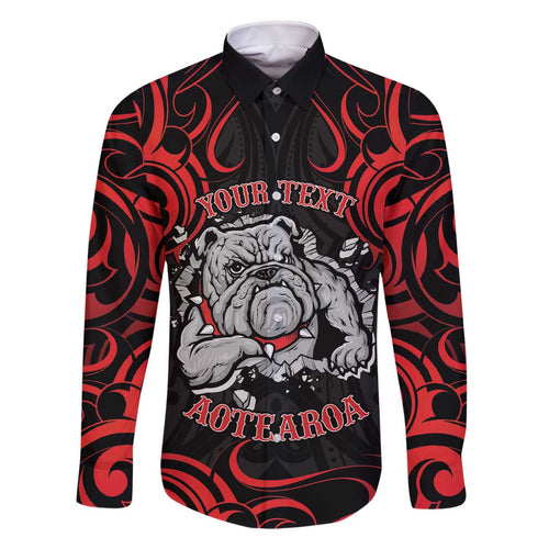Personalised Aotearoa Bulldog Family Matching Off The Shoulder Long Sleeve Dress and Hawaiian Shirt NZ Maori Tattoo