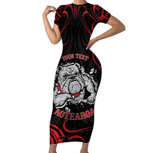 Personalised Aotearoa Bulldog Family Matching Short Sleeve Bodycon Dress and Hawaiian Shirt NZ Maori Tattoo