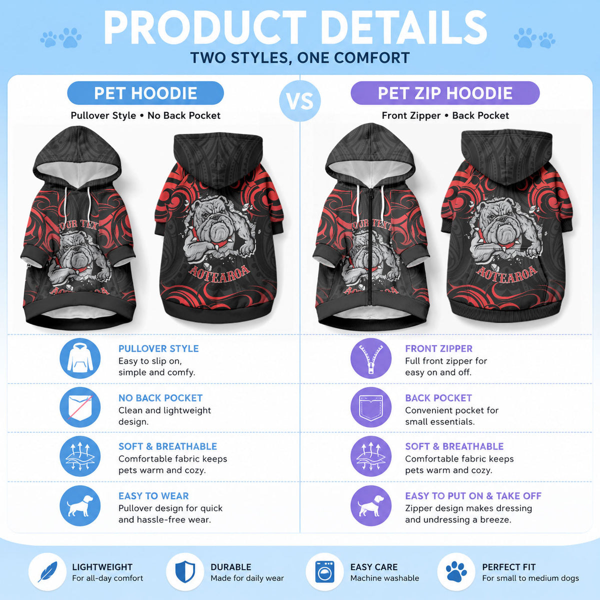Personalised Aotearoa Bulldog Pet Hoodie NZ Maori Tattoo