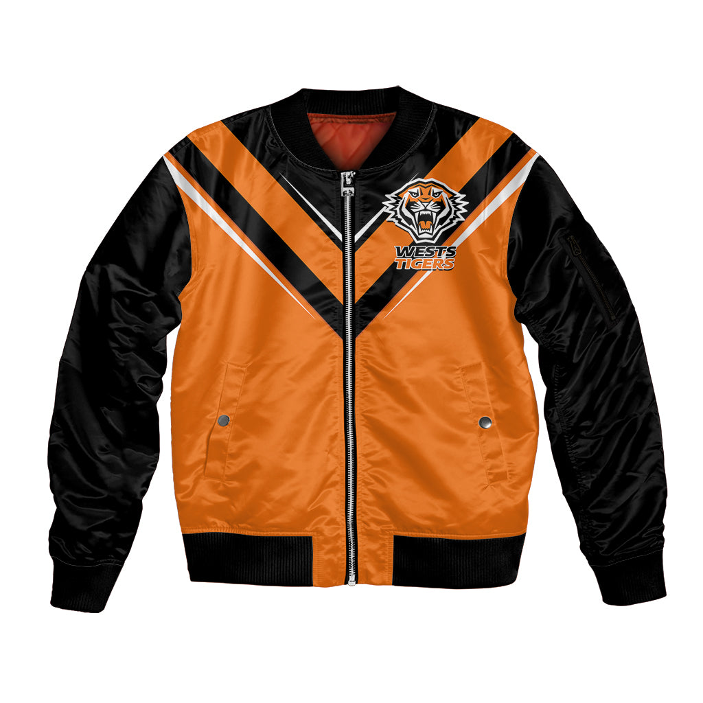 personalised-wests-tigers-rugby-sleeve-zip-bomber-jacket-orange-simple-style