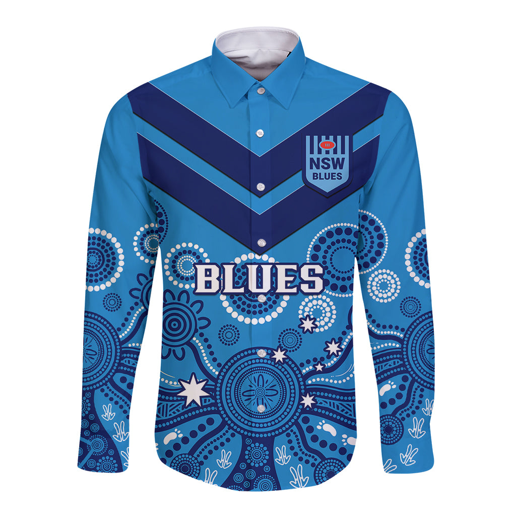 personalised-nsw-rugby-long-sleeve-button-shirt-blues-aboriginal-art