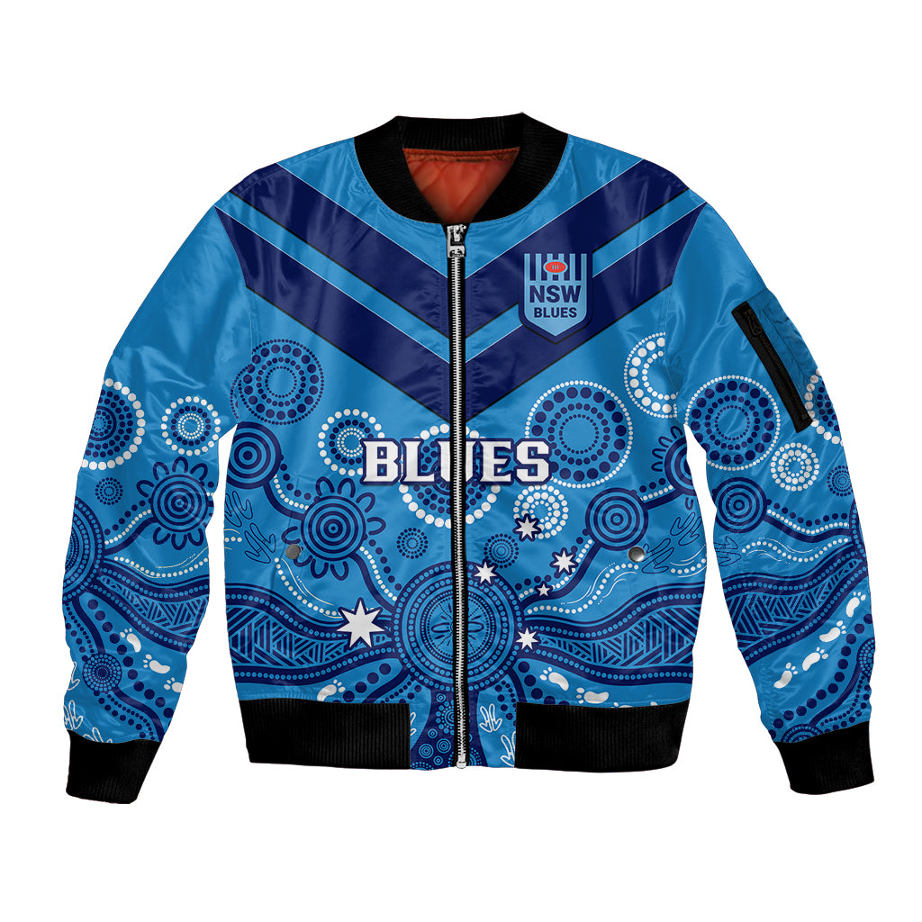 personalised-nsw-rugby-sleeve-zip-bomber-jacket-blues-aboriginal-art
