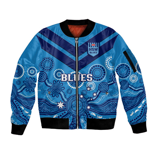 personalised-nsw-rugby-sleeve-zip-bomber-jacket-blues-aboriginal-art