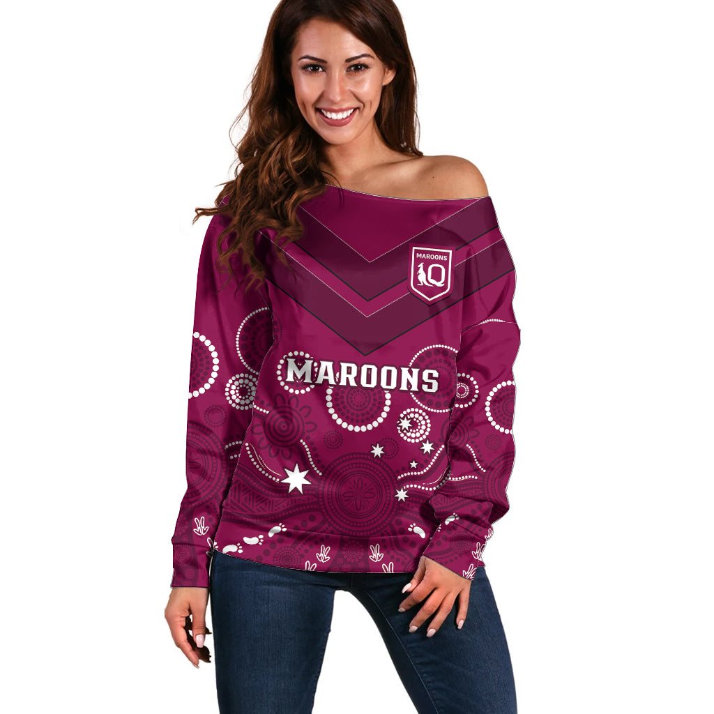 personalised-maroons-rugby-off-shoulder-sweater-qld-aboriginal-art