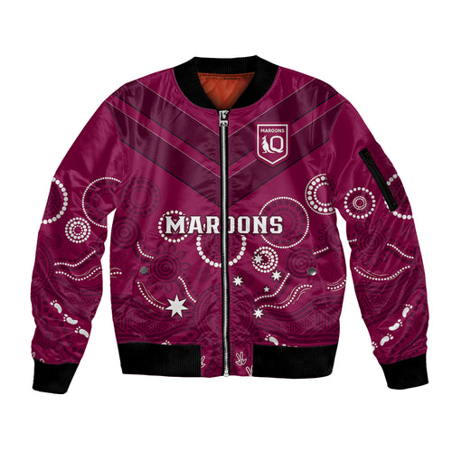 personalised-maroons-rugby-sleeve-zip-bomber-jacket-qld-aboriginal-art