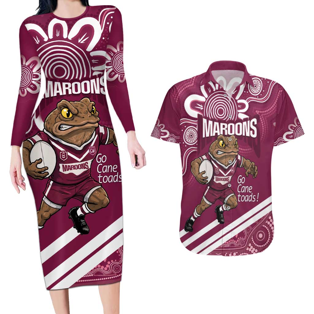 QLD Maroons Rugby Custom Couples Matching Long Sleeve Bodycon Dress and Hawaiian Shirt Go Cane toads Aboriginal Art