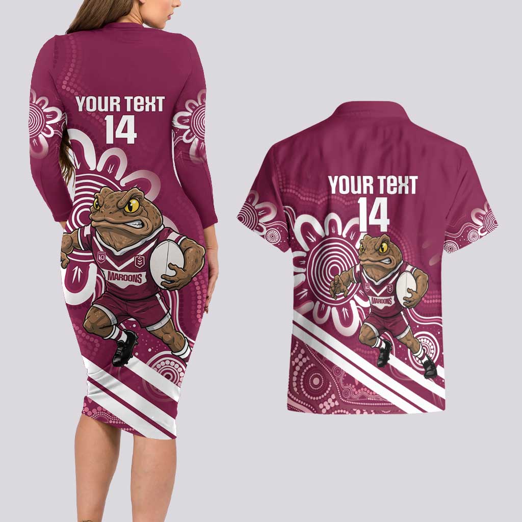 QLD Maroons Rugby Custom Couples Matching Long Sleeve Bodycon Dress and Hawaiian Shirt Go Cane toads Aboriginal Art