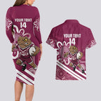 QLD Maroons Rugby Custom Couples Matching Long Sleeve Bodycon Dress and Hawaiian Shirt Go Cane toads Aboriginal Art