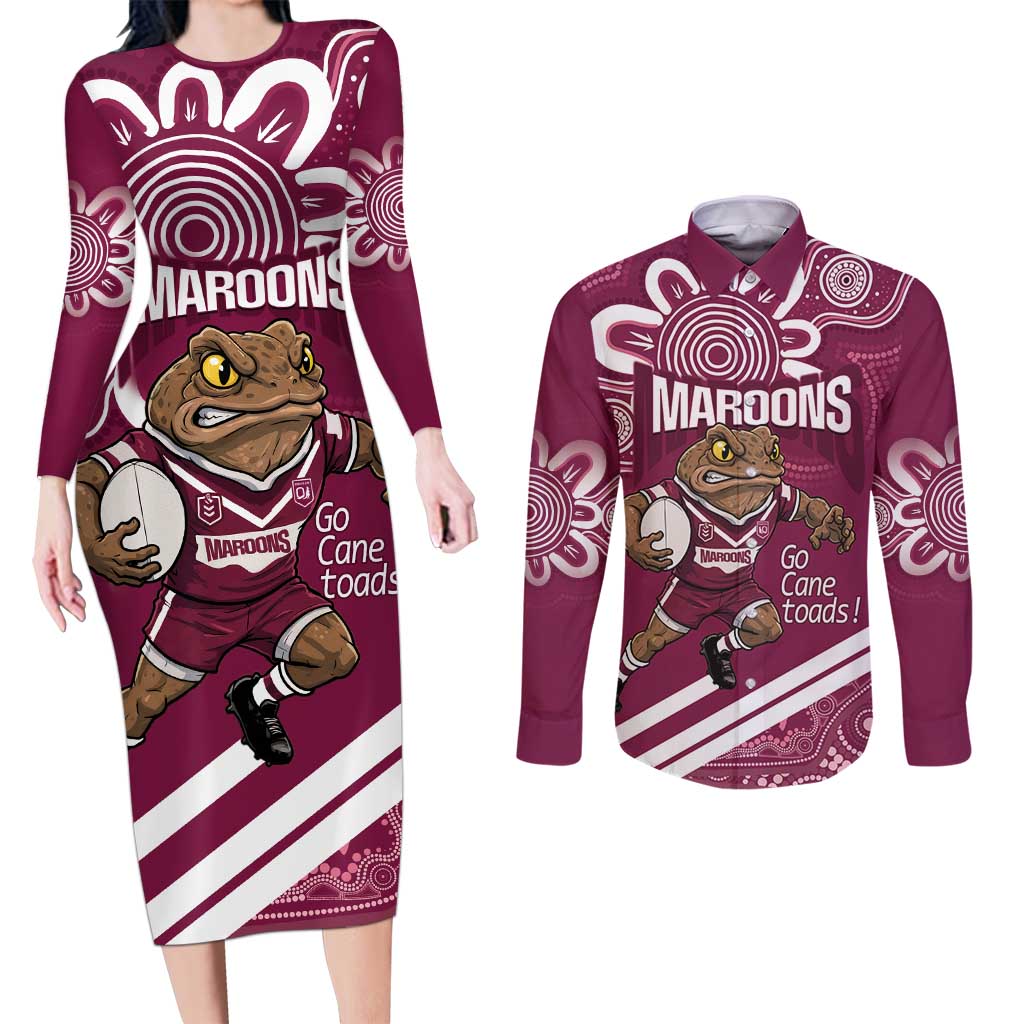 QLD Maroons Rugby Custom Couples Matching Long Sleeve Bodycon Dress and Long Sleeve Button Shirt Go Cane toads Aboriginal Art