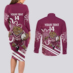 QLD Maroons Rugby Custom Couples Matching Long Sleeve Bodycon Dress and Long Sleeve Button Shirt Go Cane toads Aboriginal Art