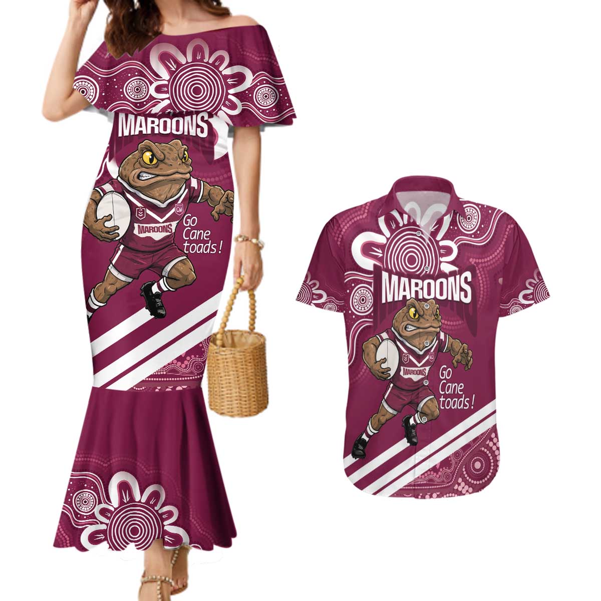 QLD Maroons Rugby Custom Couples Matching Mermaid Dress and Hawaiian Shirt Go Cane toads Aboriginal Art