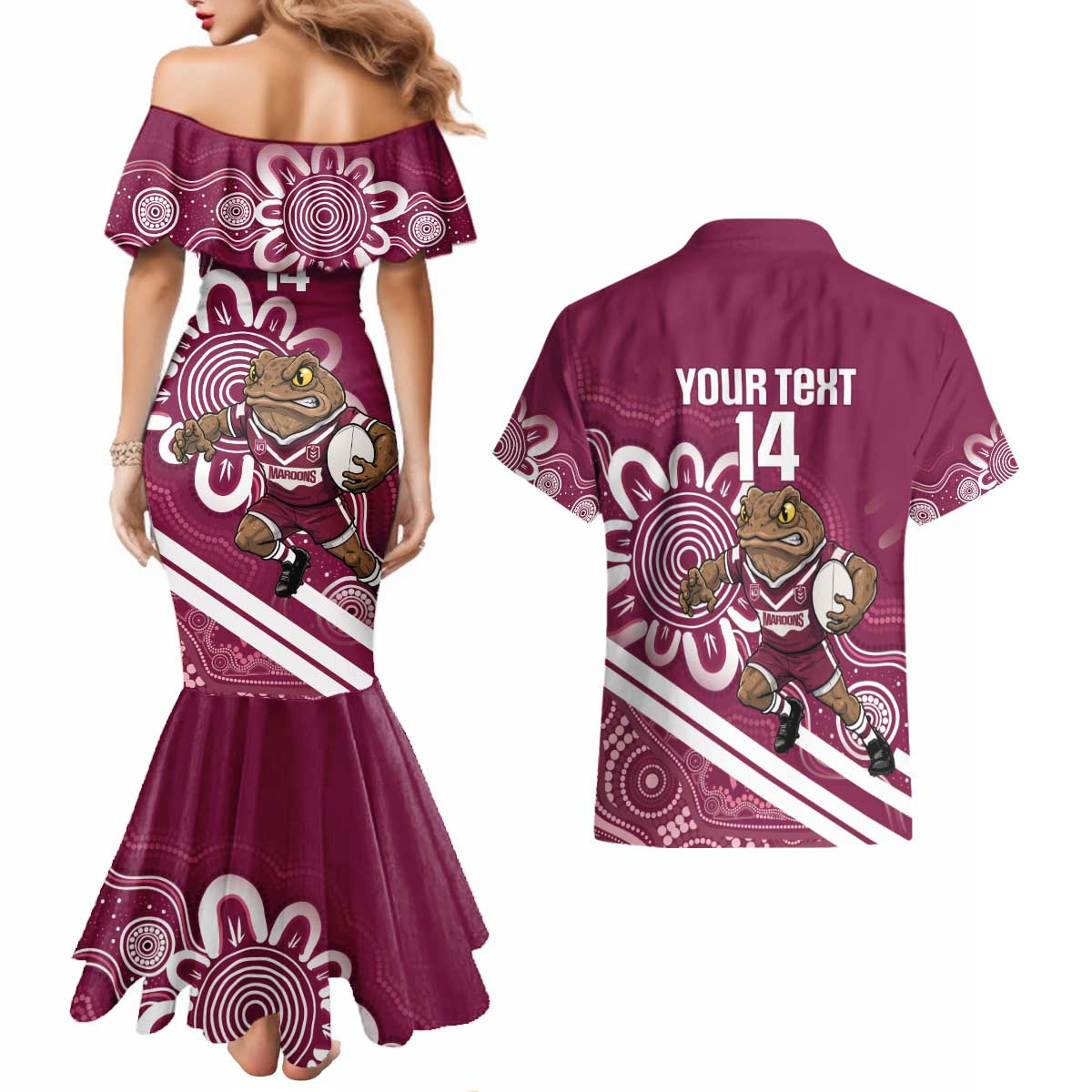 QLD Maroons Rugby Custom Couples Matching Mermaid Dress and Hawaiian Shirt Go Cane toads Aboriginal Art