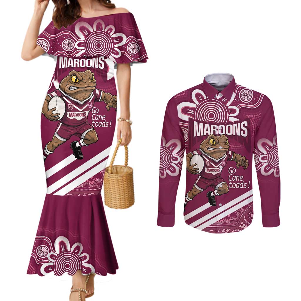 QLD Maroons Rugby Custom Couples Matching Mermaid Dress and Long Sleeve Button Shirt Go Cane toads Aboriginal Art