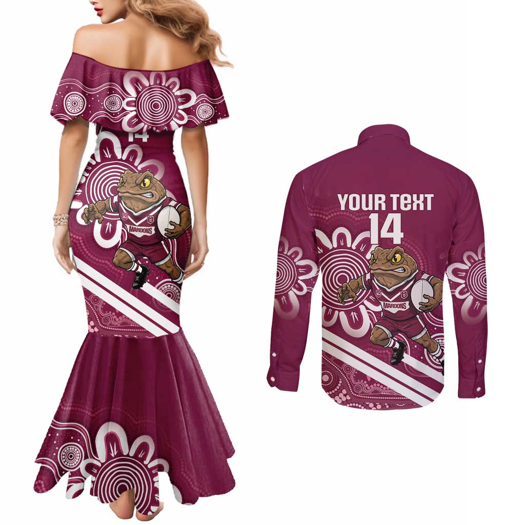 QLD Maroons Rugby Custom Couples Matching Mermaid Dress and Long Sleeve Button Shirt Go Cane toads Aboriginal Art