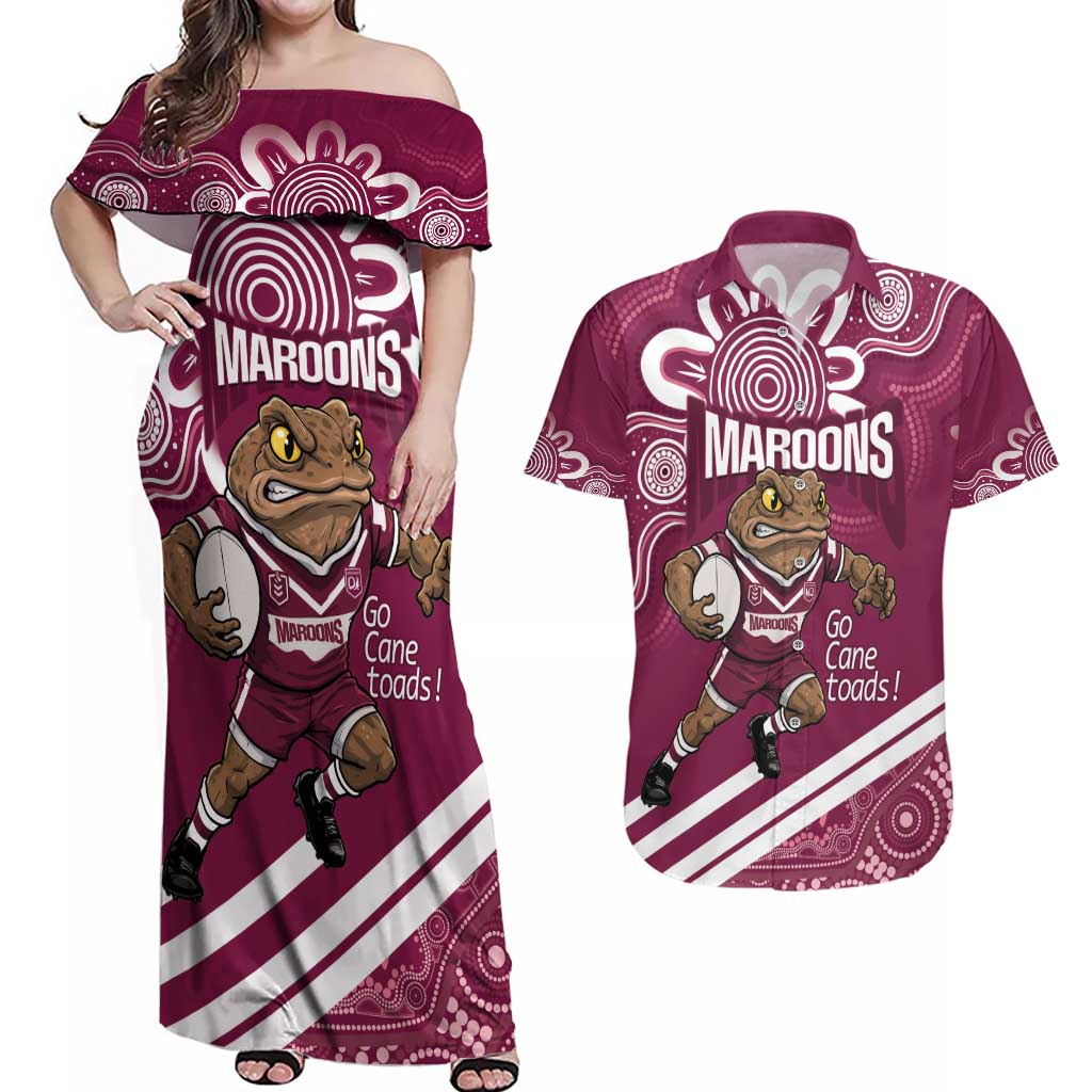 QLD Maroons Rugby Custom Couples Matching Off Shoulder Maxi Dress and Hawaiian Shirt Go Cane toads Aboriginal Art
